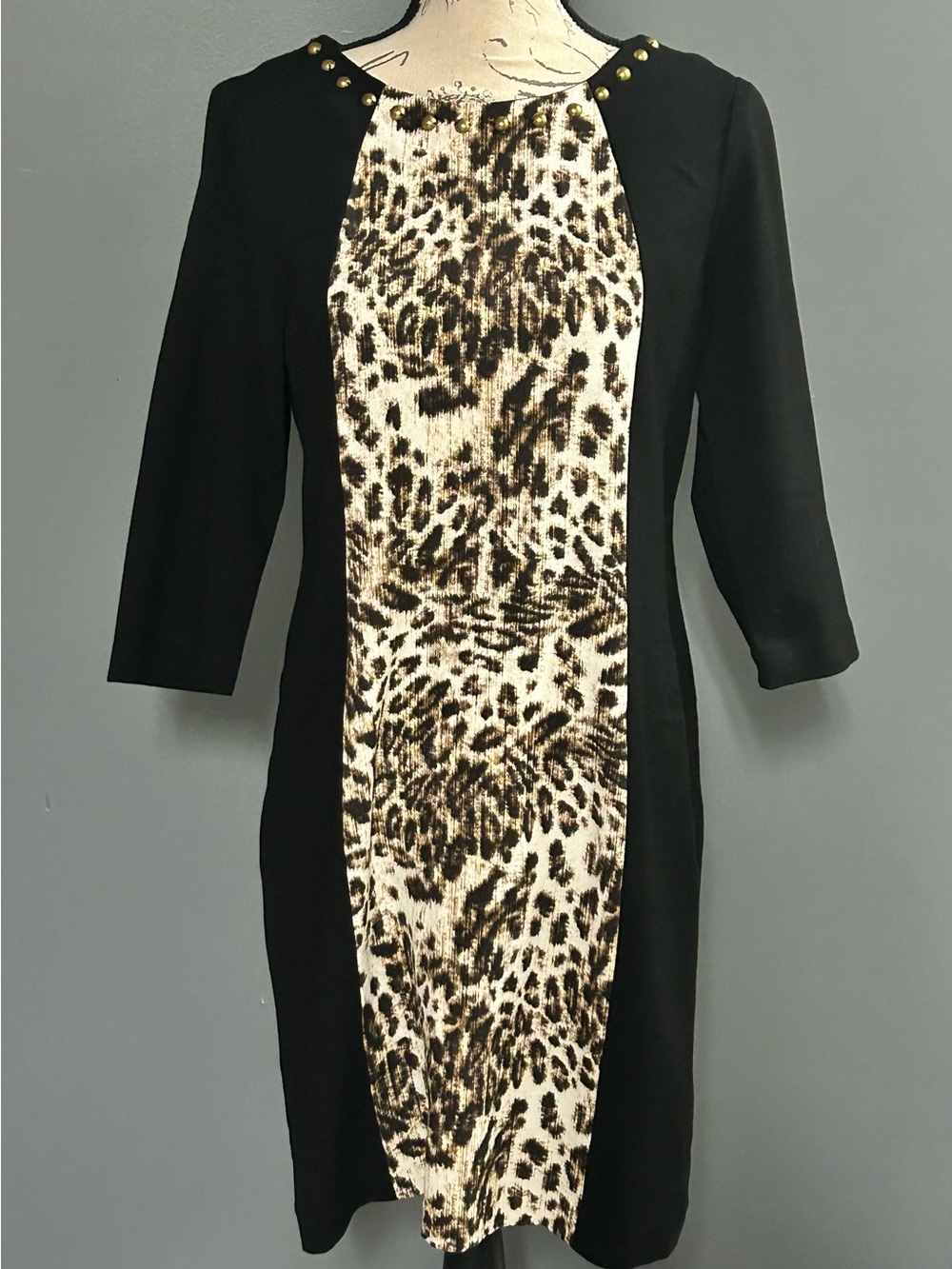 Ruby Rd Leopard Print Colorblock Studded Dress
